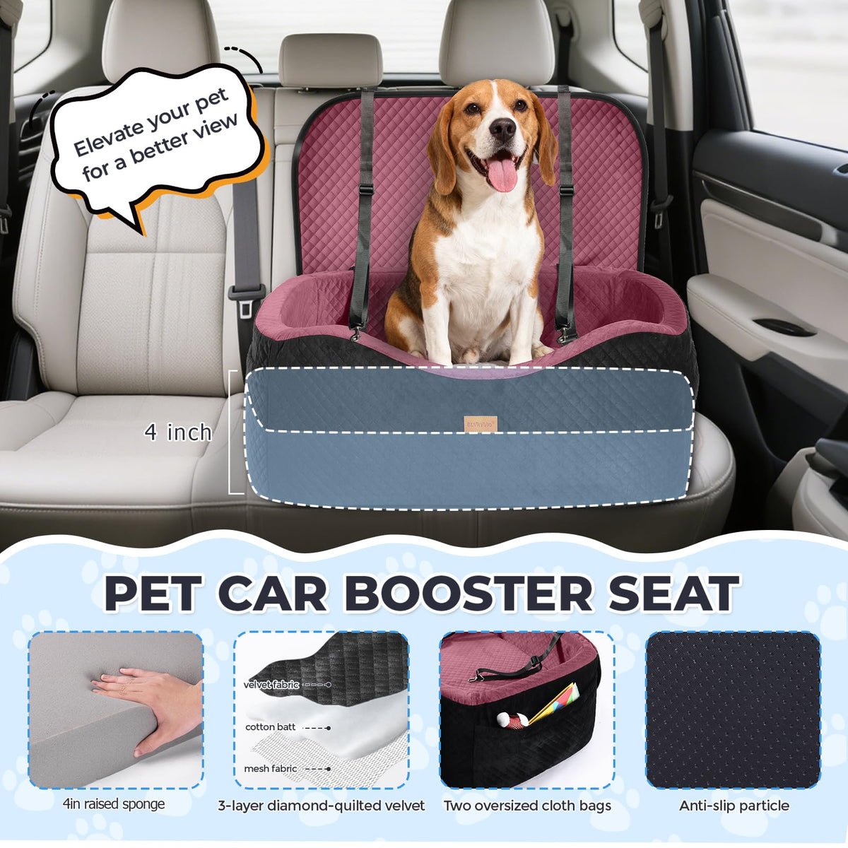 Large Dog Car Seat for Medium Sized Dogs Under 55lbs or 2 Smalls (Mauve / Large)