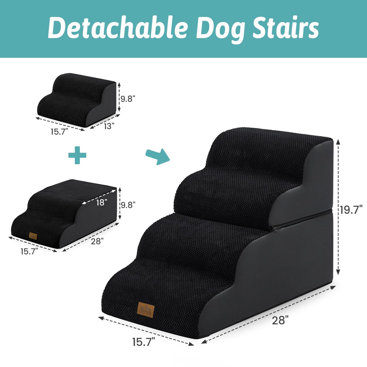 Detachable Small Dog Stairs 19.7" H (Black / Detachable 15.7" x 28.3" x 19.7")