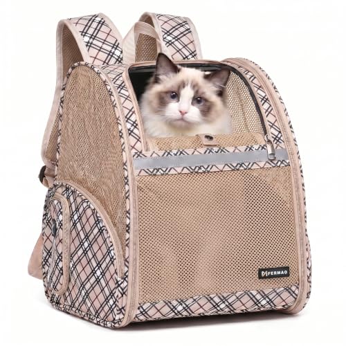 Cat Backpack Carrier for Small Dogs and Medium cat Puppy Kitten Bunny Pet Carrier Backpack Collapsible with Fully Ventilated Mesh with Safety Leash (Khaki / 12.9"L x 10.62"W x 15.5"H)