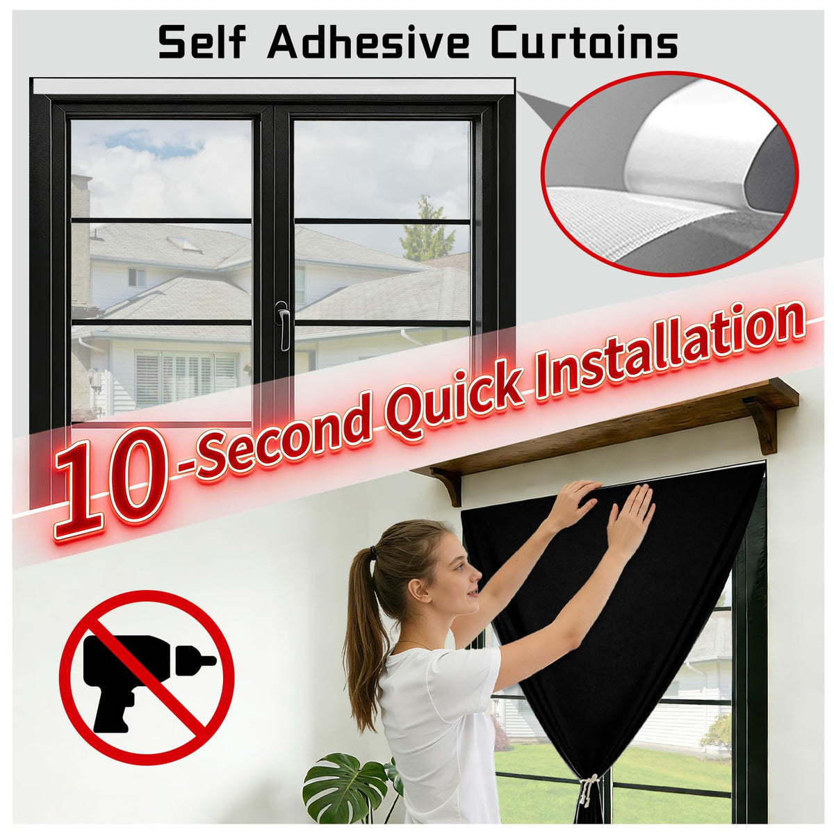 100% Blackout Self Adhesive Blackout Curtains (59"W x 72"L (Pack of 1) / Black)