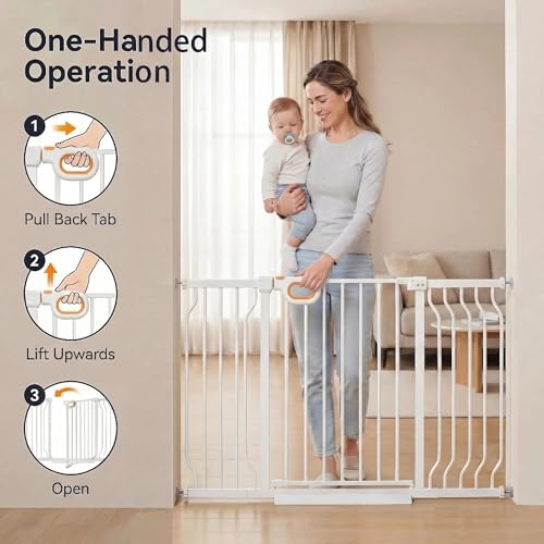 66.9 71.6 Inch Extra Wide Baby Gate with Door for Stairs Doorways (White / 66.9-71.6inch)