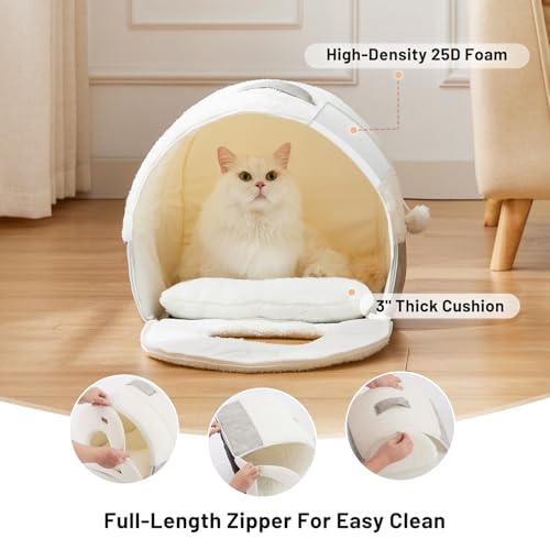 2in1 Cat Bed for Indoor Cats Foldable Cat Cave with Washable Pillow (M - 15.0"L x 15.0"W x 15.3"H / Cream)