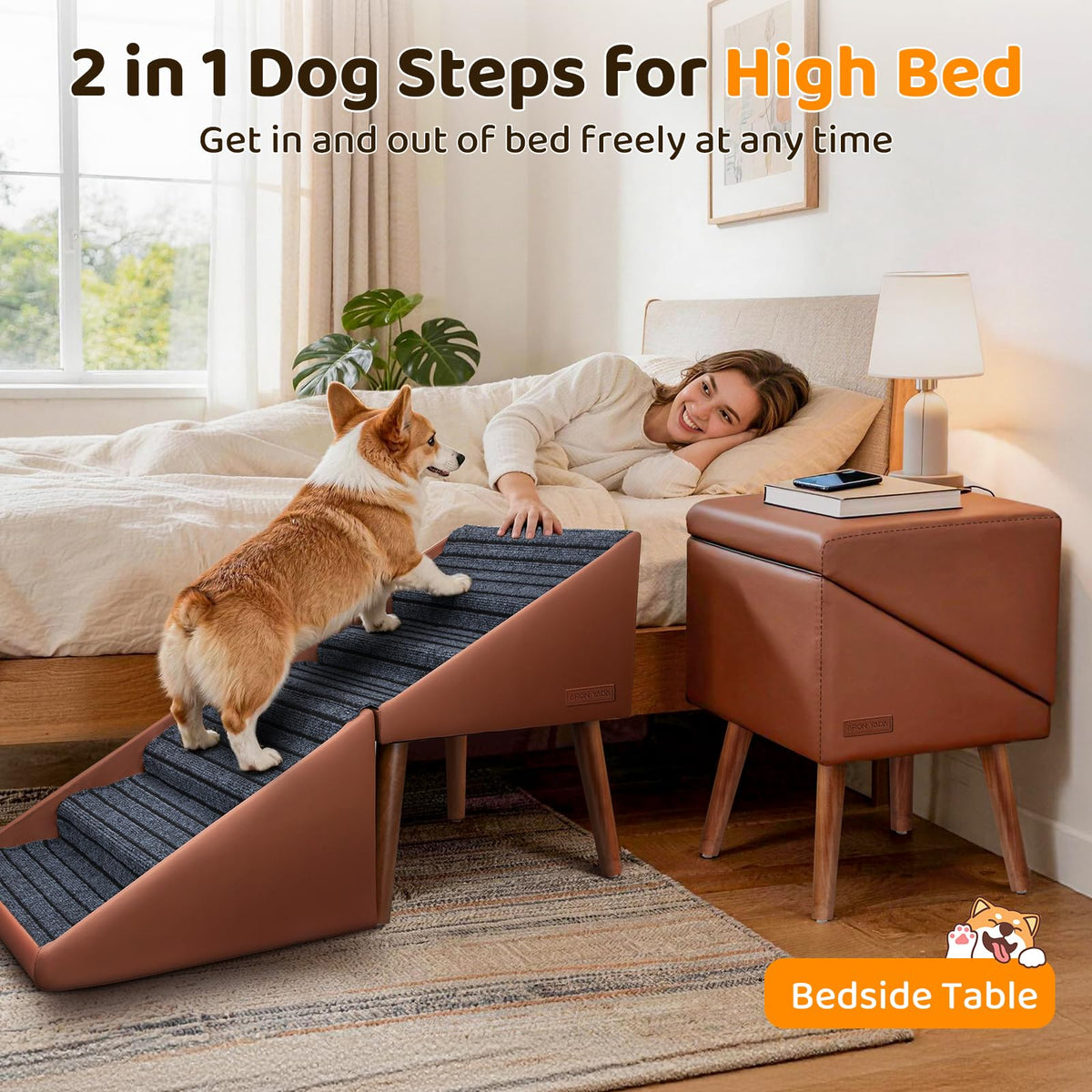 Dog Stairs & Ramp for High Bed & Couch (Brown / 22.8in Bed)