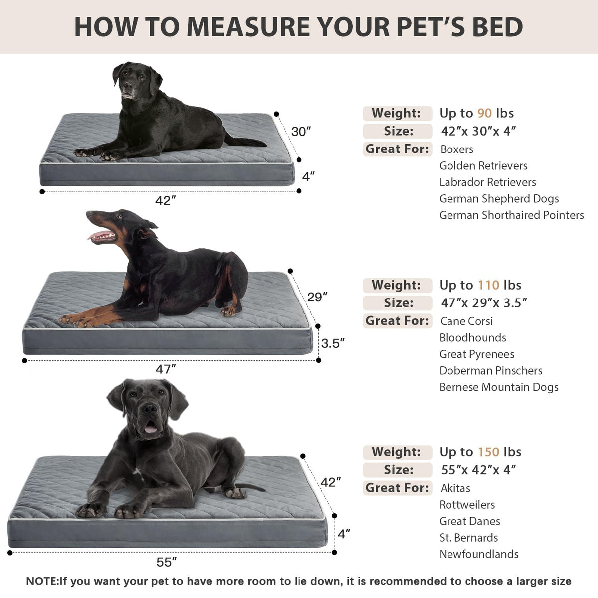 Orthopedic XXL Dog Beds for Large Senior Dog Bed Comfy Sleeping (Grey / 55"L x 42"W x 4"Th)