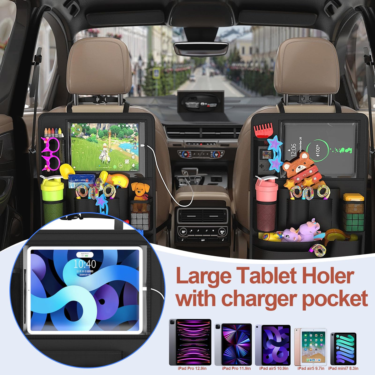 2 Pack Backseat Car Organizer with Tablet Charging Port for Kids Travel (Black)