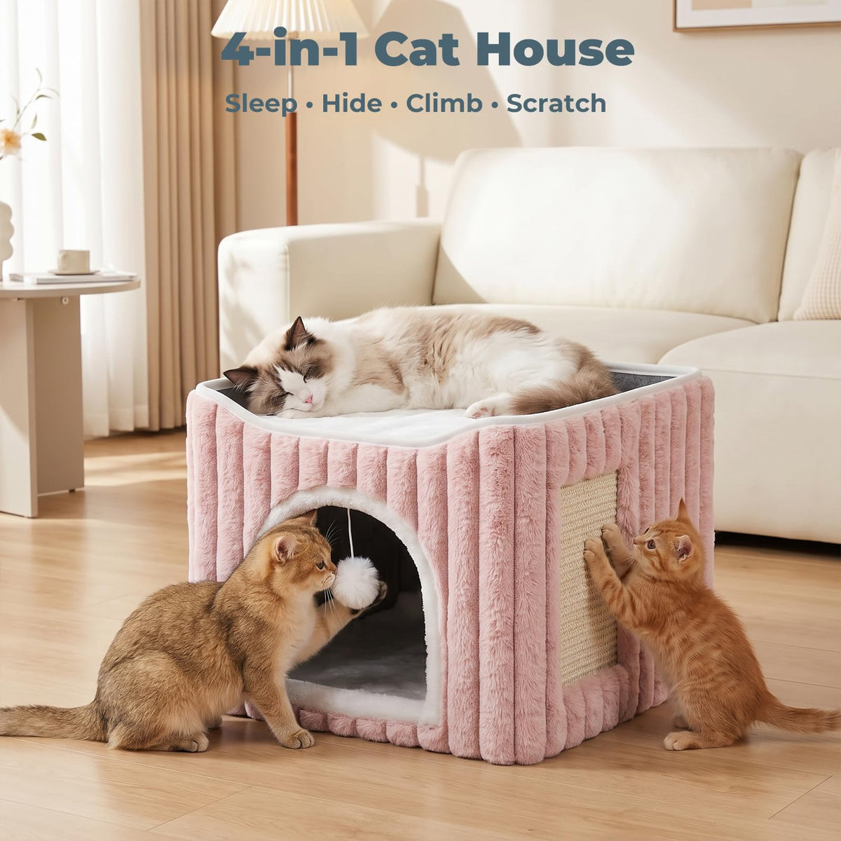 3-in-1 Cat Cave Bed for Indoor Cats with Scratch Pad (Pink)