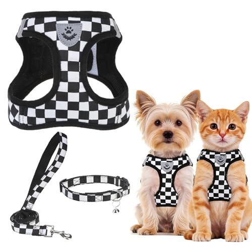 Dog Harness Collar and Leash Set No Pull for Small Medium Sized (Black&White (Checkered) / XS (CHEST 13"-14.5"))