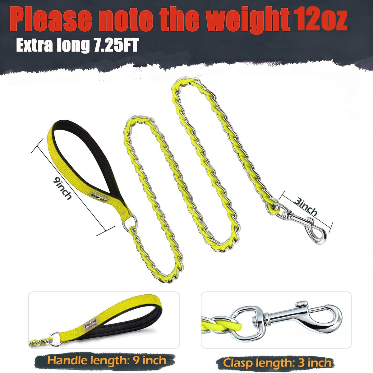 Chain Dog Leash Chew Proof Metal Leash for Medium Large Dogs (yellow / 7.25FT(5-30lb))