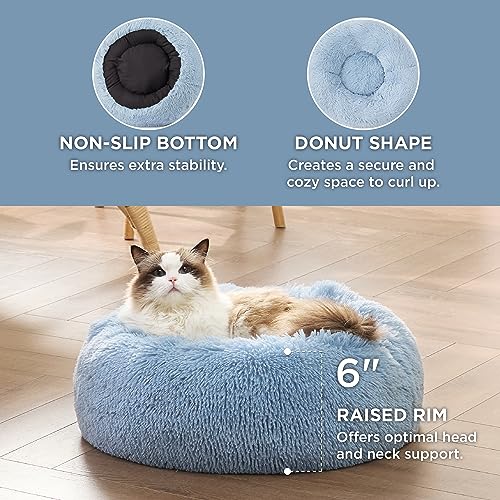 Calming Cat Beds Donut Round Washable Kitten Bed (20"L x 20"W x 6"Th / Light Blue)