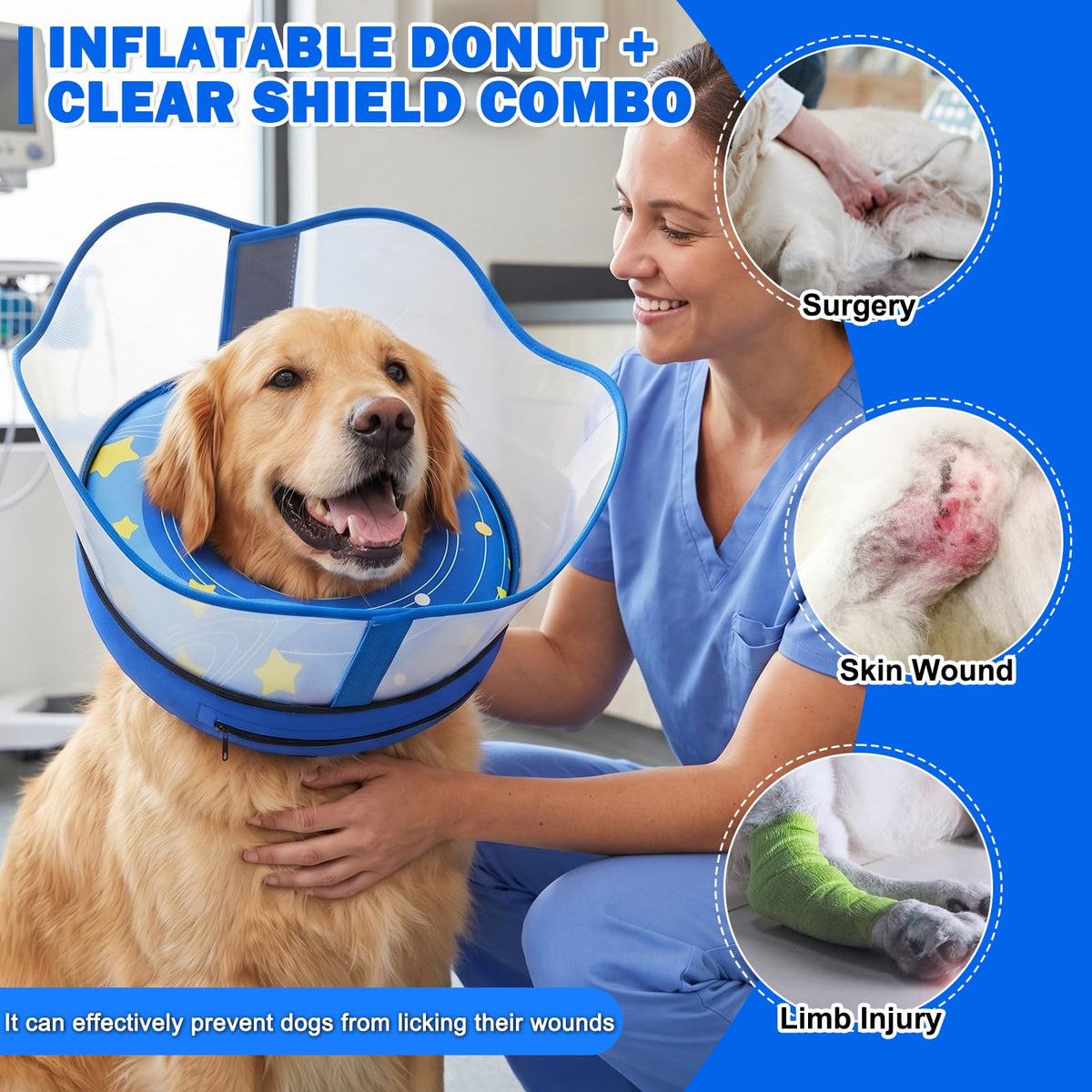 Inflatable Dog Cone Collar with Removable Clear Protective Shield (RoyalBlue / L (Neck 12.5"-15"))