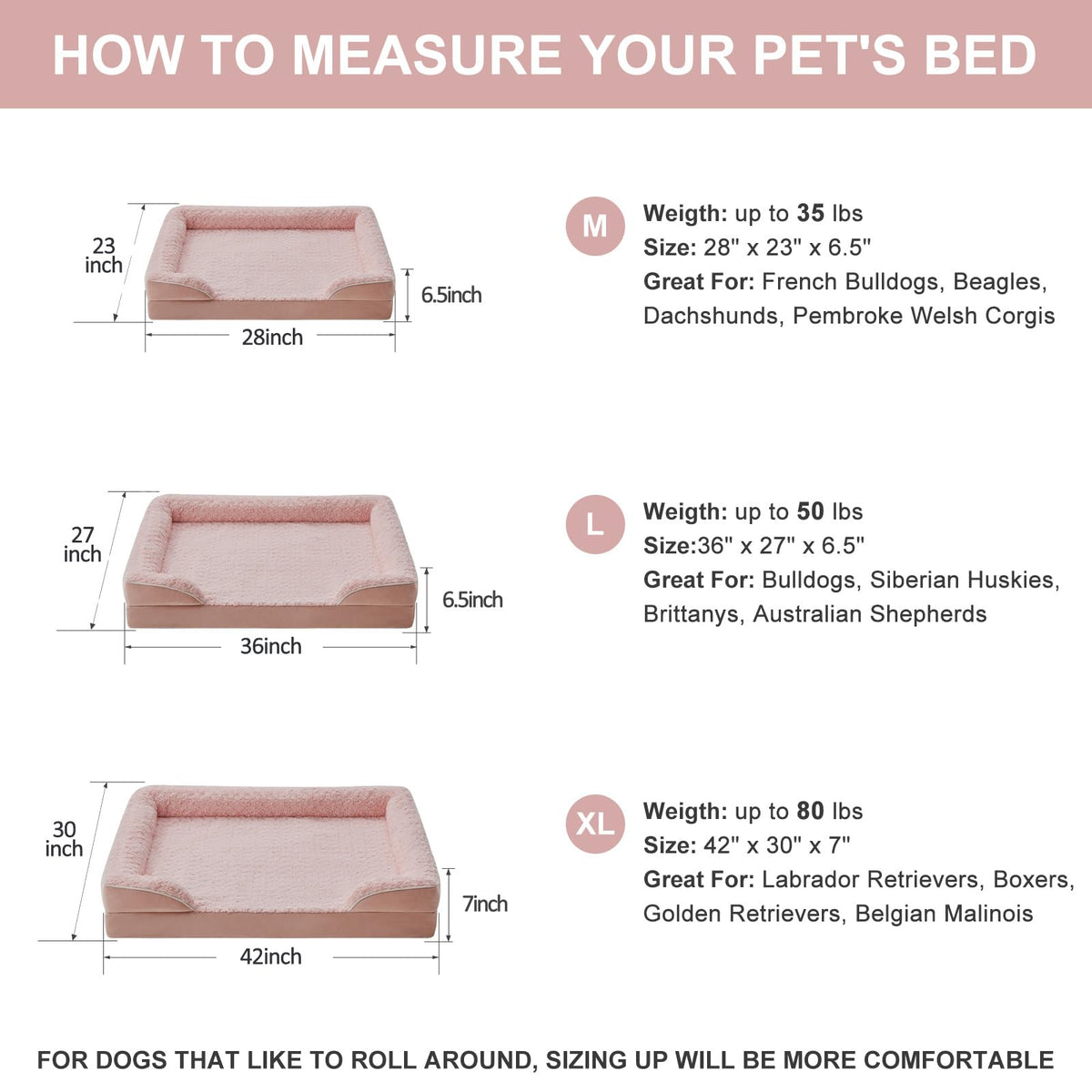 Orthopedic Washable Dog Bed Large for Senior Dog Cozy Sleep (36.0"l X 27.0"w X 6.5"th / Light Pink)