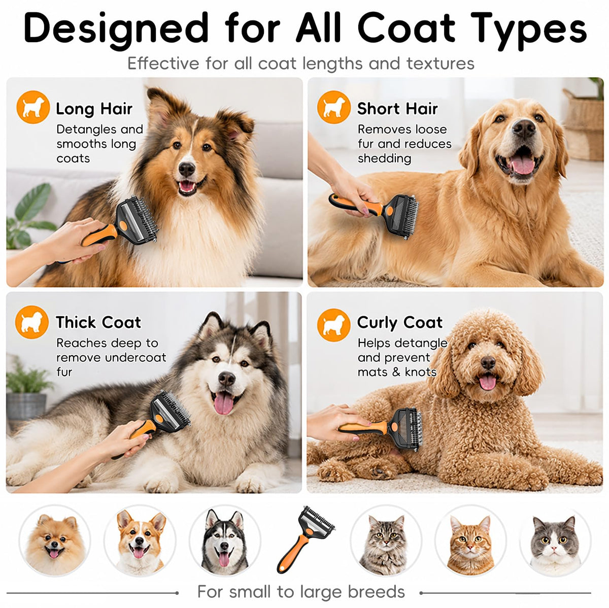 3-in-1 Professional Pet Grooming Brush for Dogs & Cats – Dematting Comb, Undercoat Rake & Deshedding Tool for Long & Short Hair, Heavy Shedding & Matted Fur (Organge) (Organge)