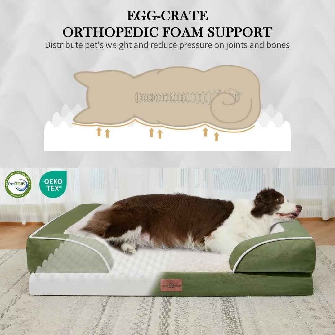 Orthopedic Dog Bed for Extra Large Dogs with Bolster (53.0"L x 42.0"W x 8.5"Th / Light Green)