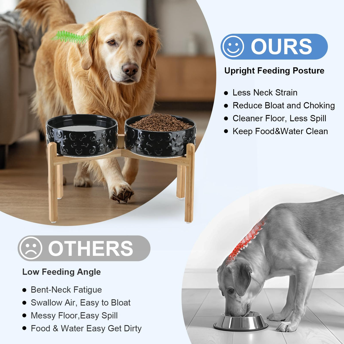 Elevated Dog Bowls Ceramic (8.3 in - 7.6 cups / Black- Skull)
