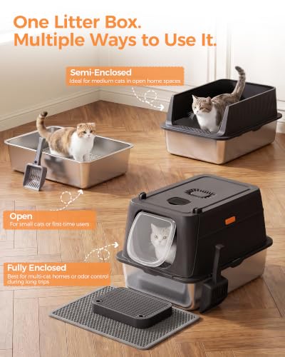 XL Stainless Steel Cat Litter Box with Lid (Black / 24" L × 16" W × 16" H)