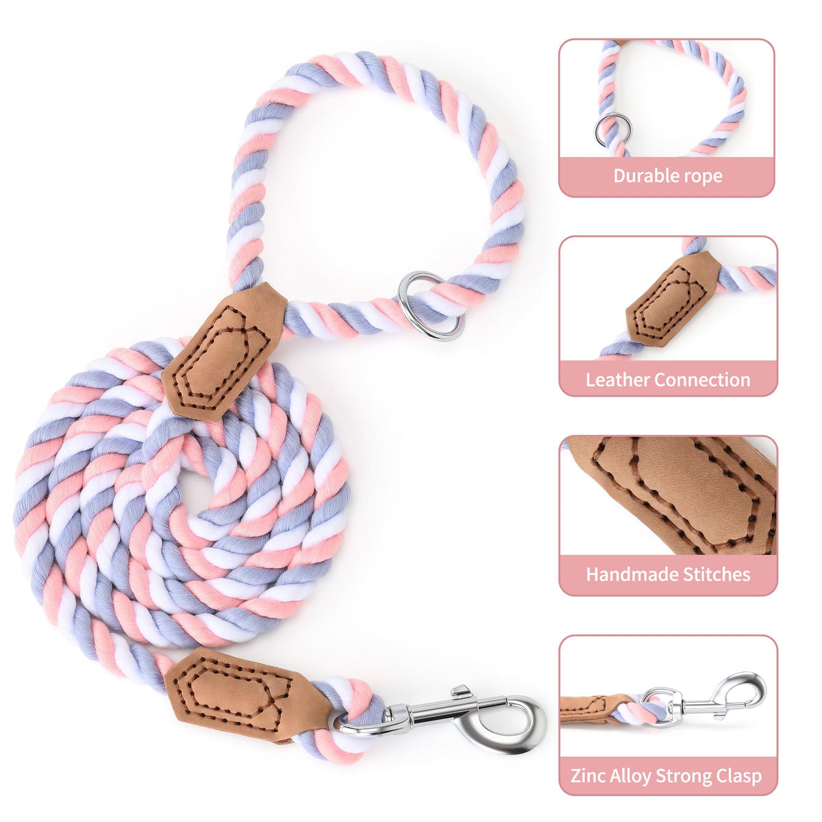 Rainbow Dog Leash Braided Cotton Rope w Leather (Pink/Purple / 72 Inch-1/2")
