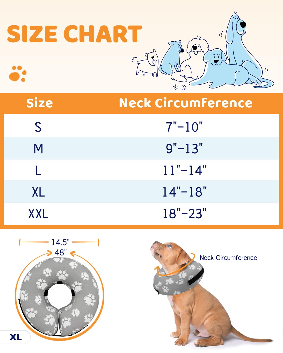 Inflatable Dog Cone Collar Alternative After Surgery (T Paw Grey / XL(Neck 14"-18"))