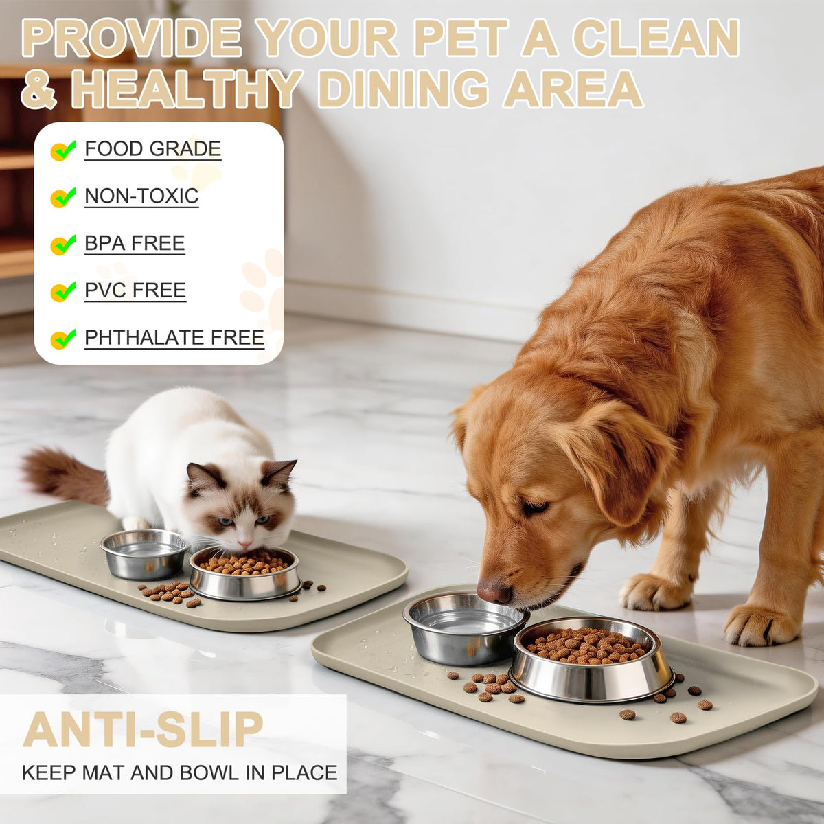 Waterproof Silicone Pet Food Mat with Raised Edge for Dog & Cat (19"L x 12"W / Beige)