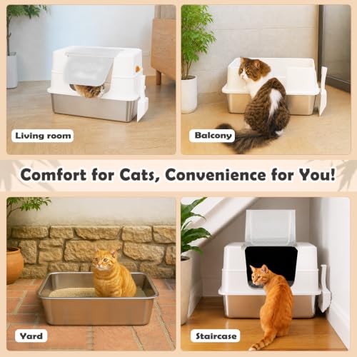 XL Enclosed Stainless Steel Cat Litter Box with Lid (White)