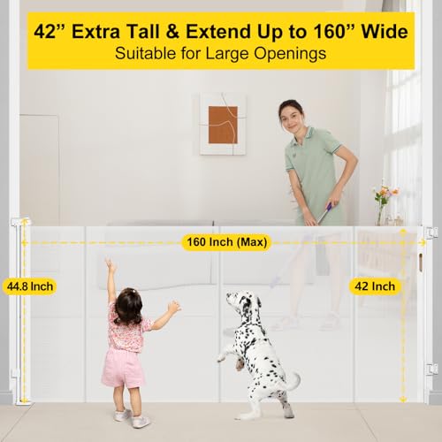 Reinforced 42” Tall x 160” Extra Wide Retractable Baby Gates with Rods (White / Reinforced 42" Tall X 160" Wide)