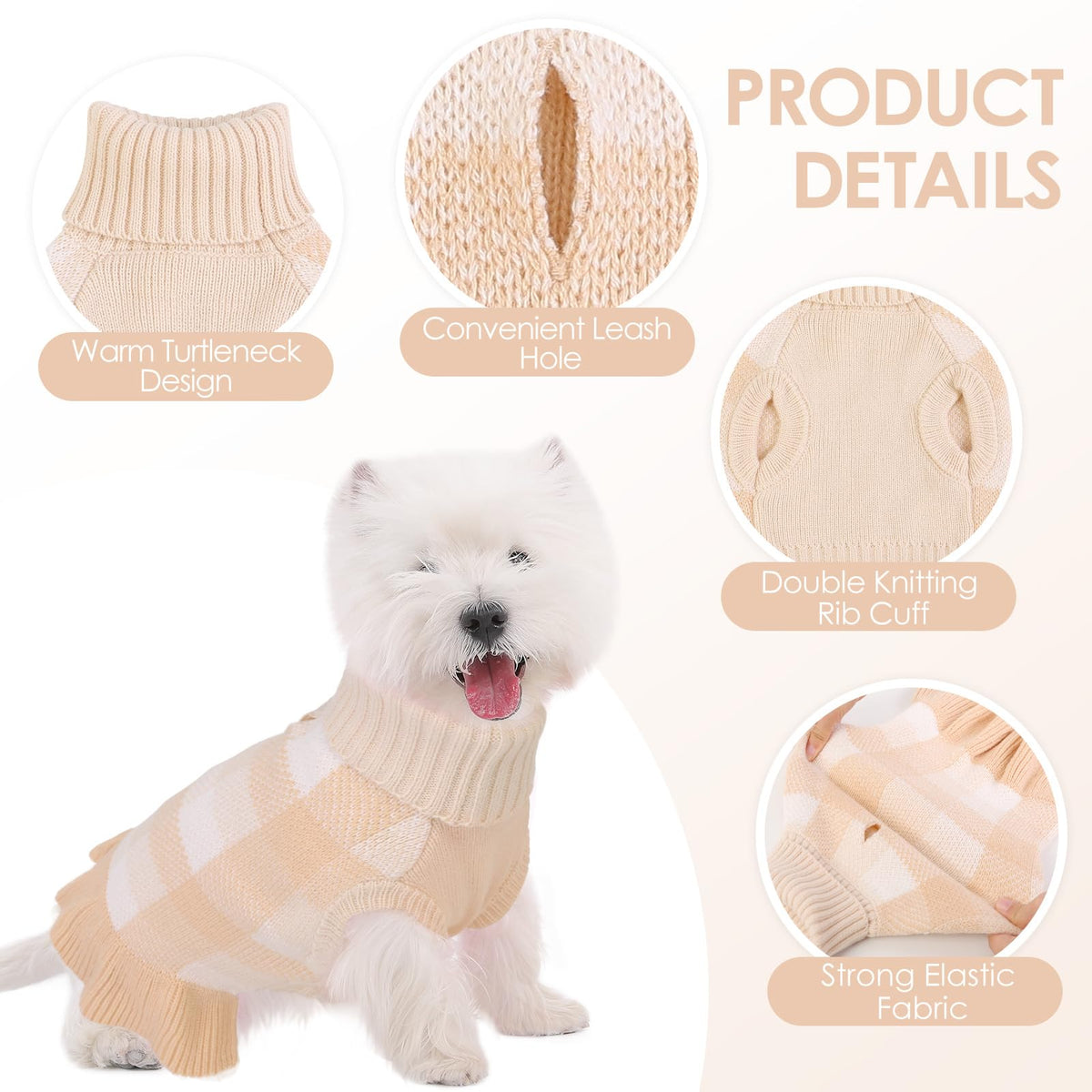 Dog Sweater Dress Plaid Knitwear for Large Dogs Girl Christmas Clothes (Beige / XXX-Large)
