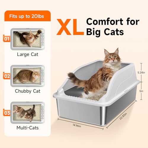 2PACK Stainless Steel Cat Litter Boxes XL Large Metal Pan Include Scoop (Light Grey)