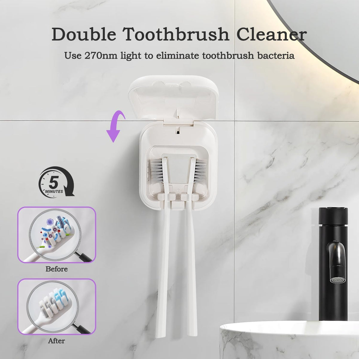 UV Toothbrush Sanitizer Holder (White-for Two)