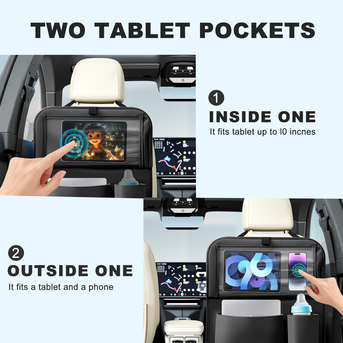 2Pack Car Backseat Organizer with Table Tray Car Organizer Back Seat (Black / 2 Pack with Food Tray)