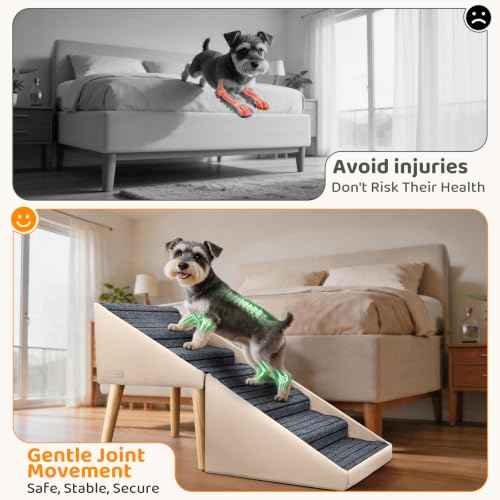 Dog Stairs & Ramp for High Bed & Couch (Beige / 22.8in Bed)