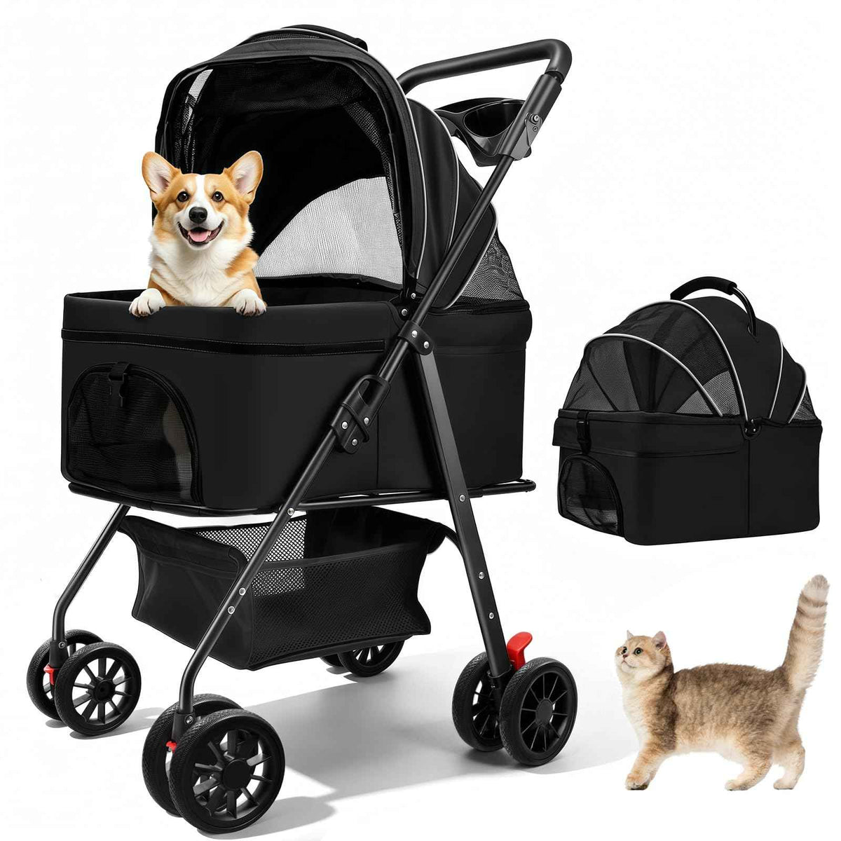 Pet Stroller for Small Dogs and Cats with 4 Wheels (Black)