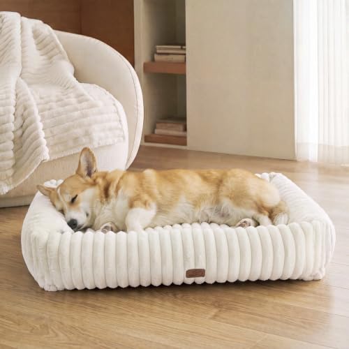 ComfyFleece® Cute Dog Bed Medium Large Size Dog Washable (33.0"L x 25.5"W x 8.0"Th / Cream)