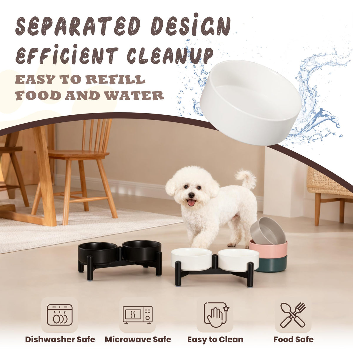 Raised Ceramic Dog Bowl Set with Stand (Light Gray / 2 Bowls - 1.6 Cups Each)