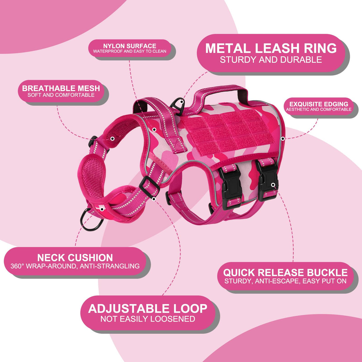 Dog Harness for Large Dogs (Pink Camo / L(Neck:18-24",Chest:25-36"),45-80 lbs)
