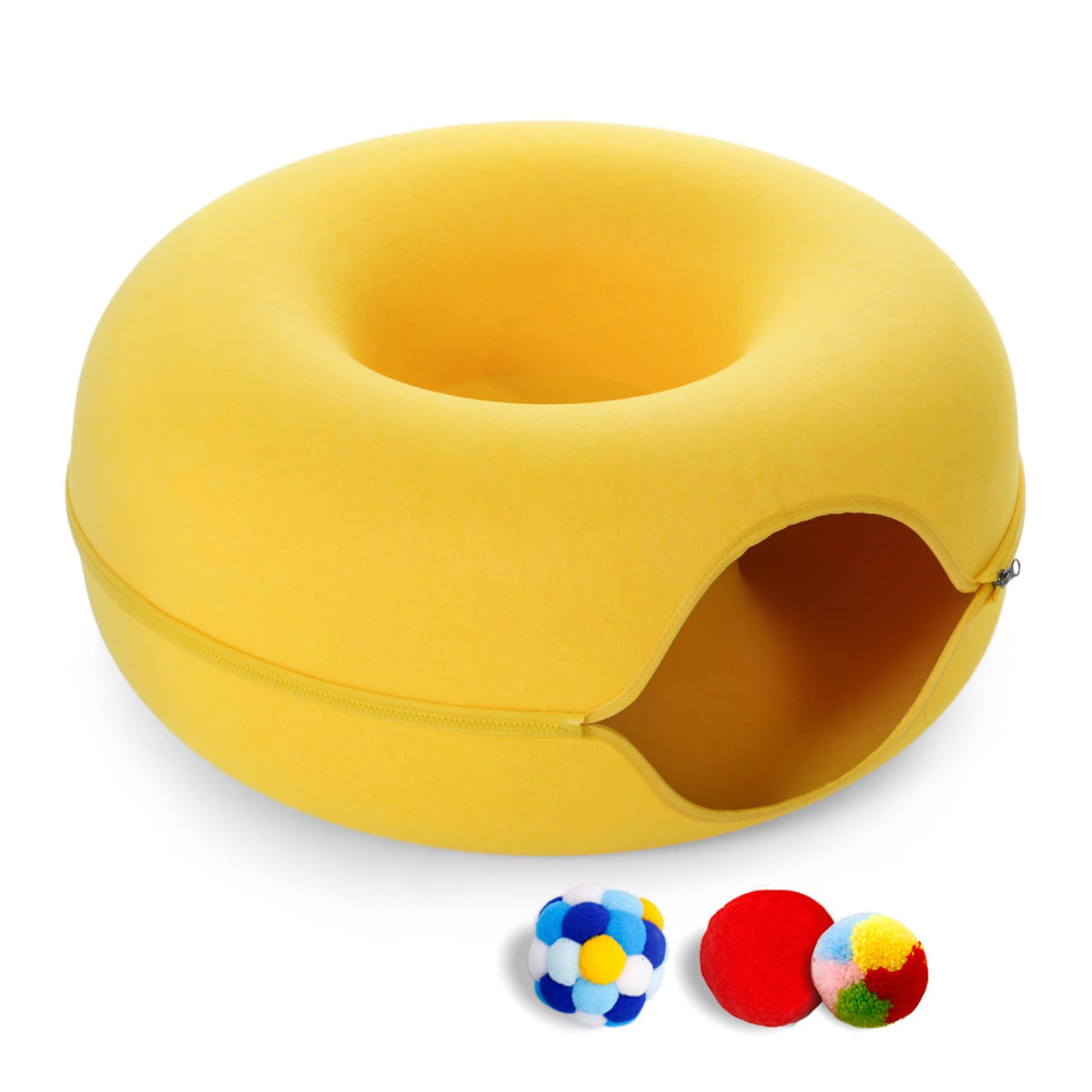 Large Cat Tunnel Bed for Indoor Cats with 3 Toys (L(24x24x11) / Yellow)