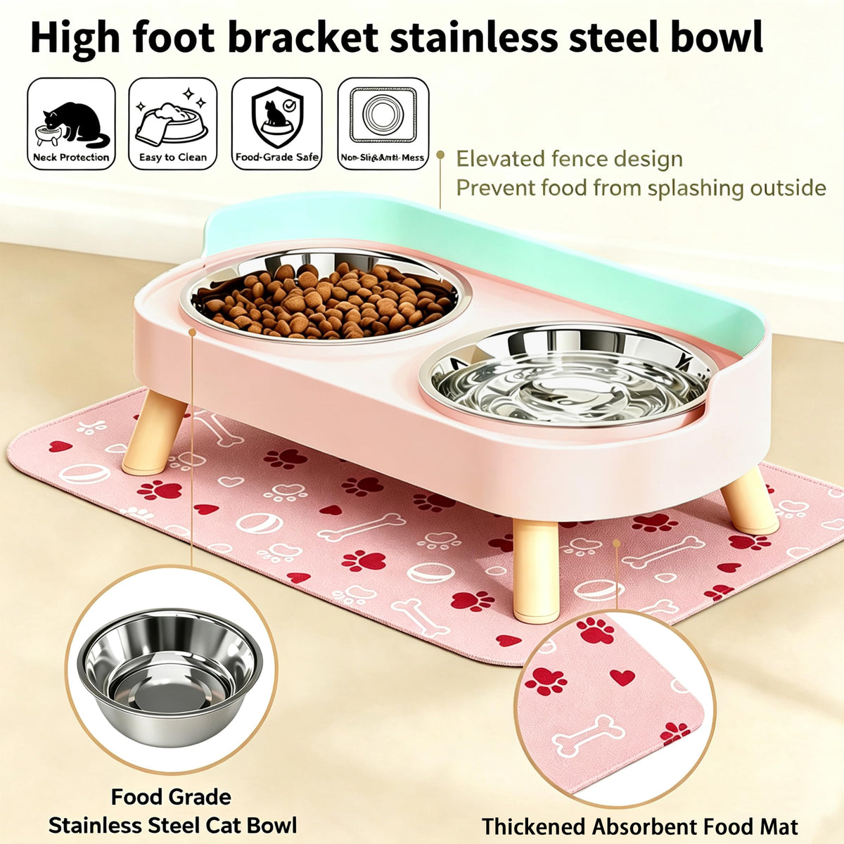 Elevated Dog Bowls with Mat (Pink)