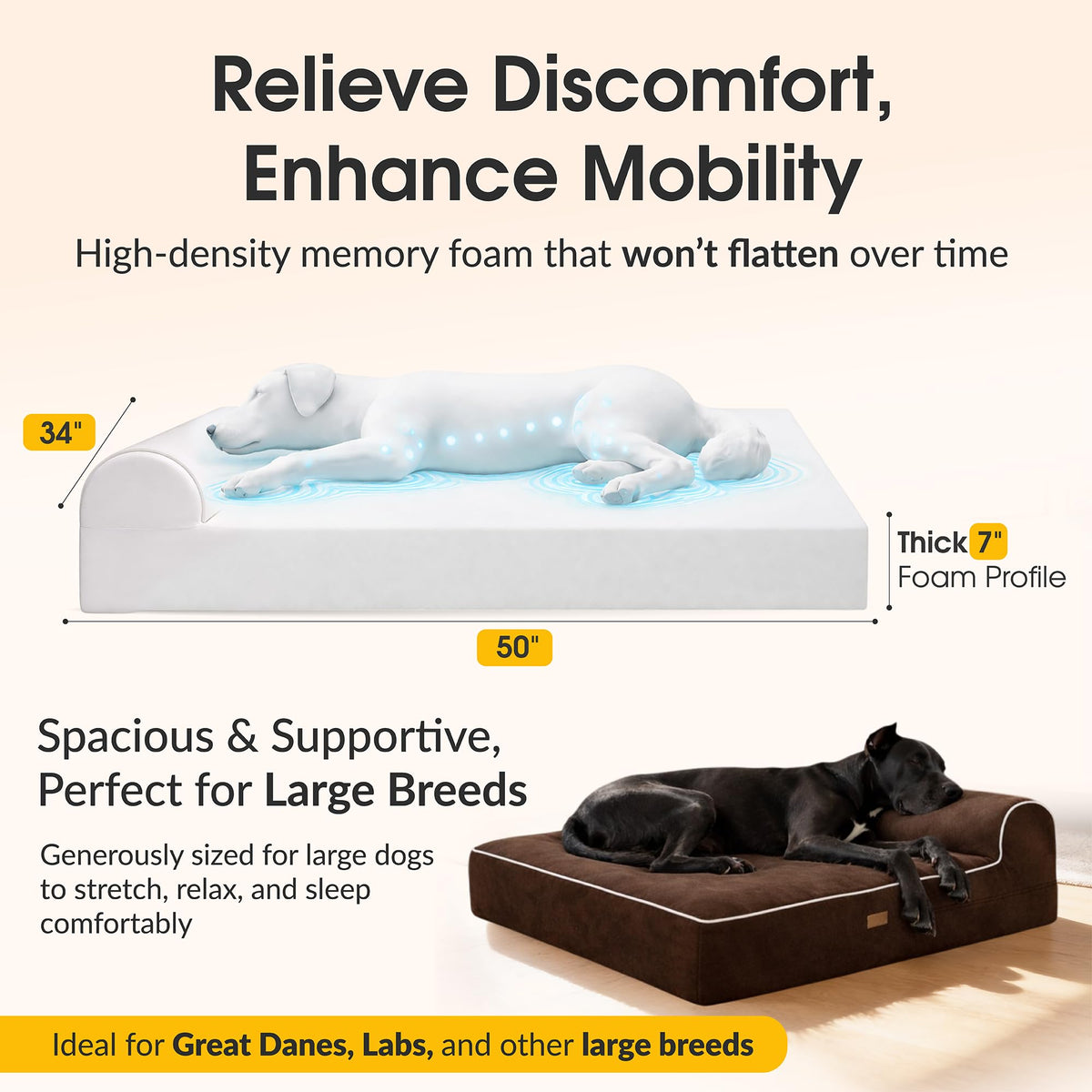 Orthopedic Memory Foam Dog Bed 7" Inch Thick Extra Large Dog Bed With Pillow Brown 50"x34"x10" Includes Waterproof Liner & Durable Removable Cover With Smart Design (Brown / XL - 50"x34"x10")