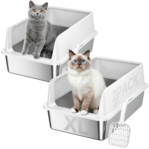 High Sided Stainless Steel XL Cat Litter Box for Cats (Grey XL 2PACK)