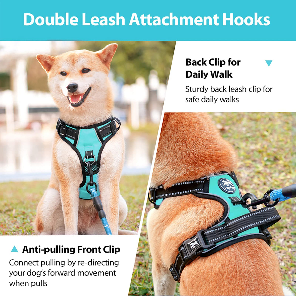 No Pull Dog Harness Medium with Front Clip & Neck Release Buckle (Medium / Mint Blue)
