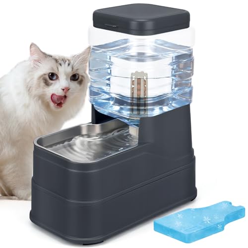1.1 Gallon Pet Automatic Dog Water Dispenser Cat Gravity Waterer Feeder with Stainless Steel Bowl 8L Large Capacity Puppy Feeding Raised Bowls with Filter (Charcoal Gray / 4L(1.1 Gallon))