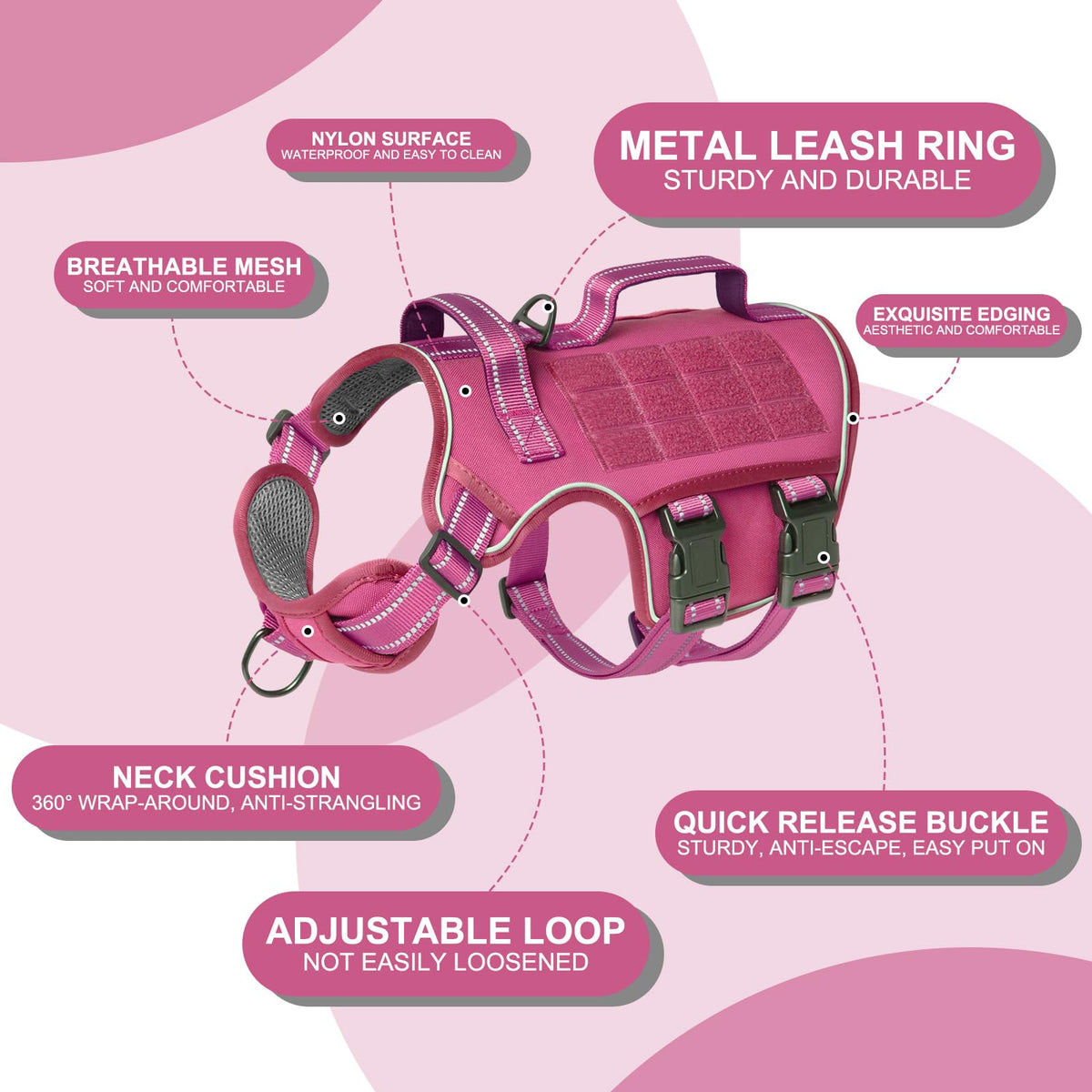 Dog Harness for Large Dogs (Pink / L(Neck:18-24",Chest:25-36"),45-80 lbs)