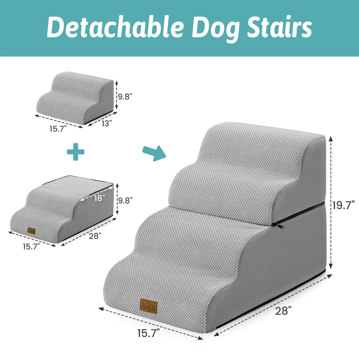 Detachable Small Dog Stairs 19.7"H (Grey / Detachable 15.7" x 28.3" x 19.7")