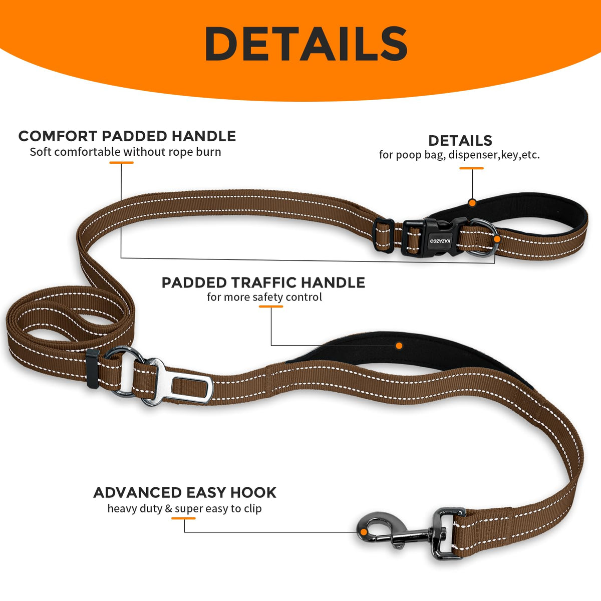 Hands Free Dog Leash by Kazazoo (Brown / L)