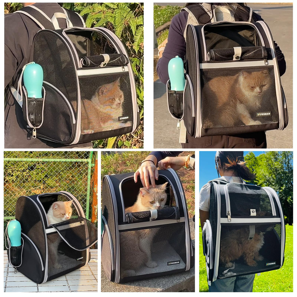 Cat Backpack Carrier for Small Dogs and Medium cat Puppy Kitten Bunny Pet Carrier Backpack Collapsible with Fully Ventilated Mesh with Safety Leash (Black / 12.9"L x 10.6"W x 15.5"H)