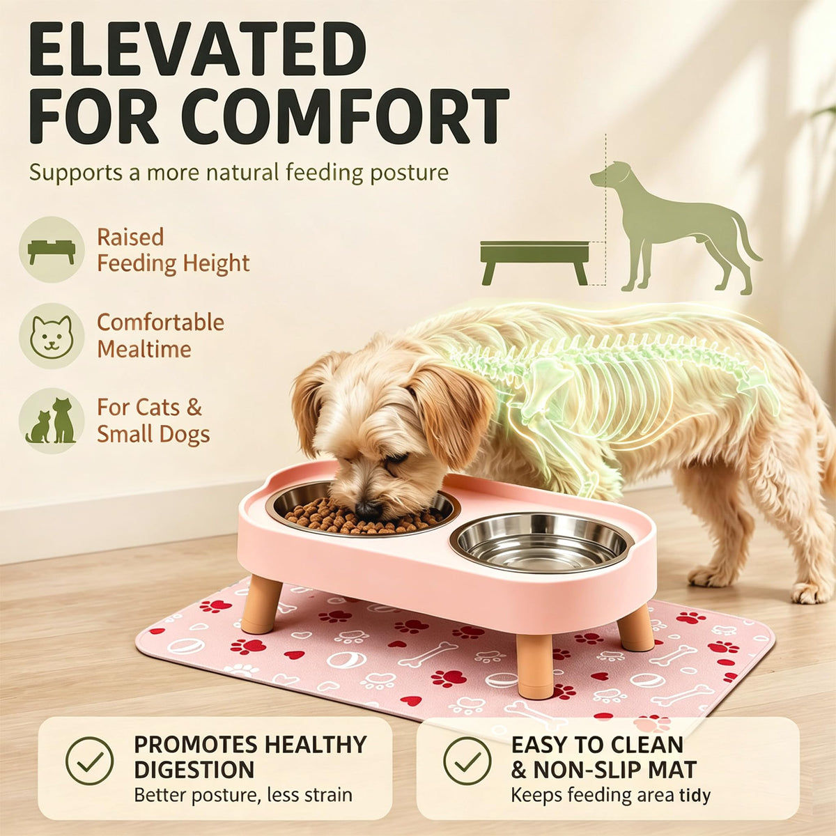 Elevated Dog Bowls with Mat (Pink)
