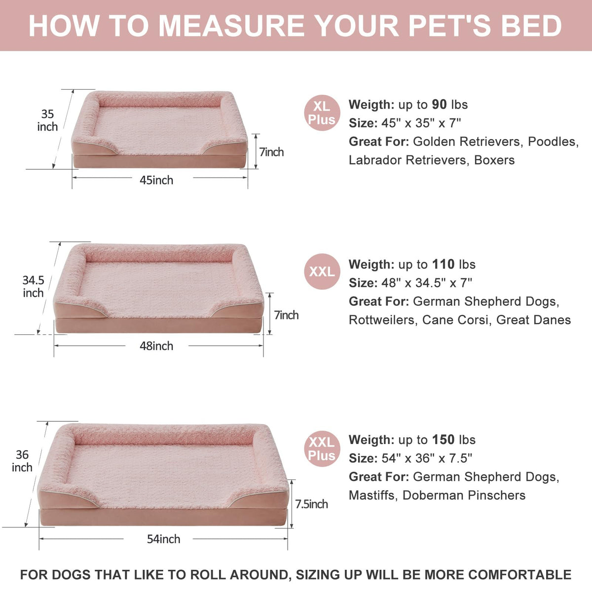 Orthopedic Washable XXL Dog Bed for Senior Dog Cozy Sleep (48.0"l X 36.0"w X 7.0"th / Light Pink)