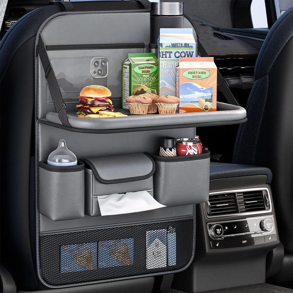 2 Pack Leather Car Backseat Organizer with Foldable Table Tray (Gray)