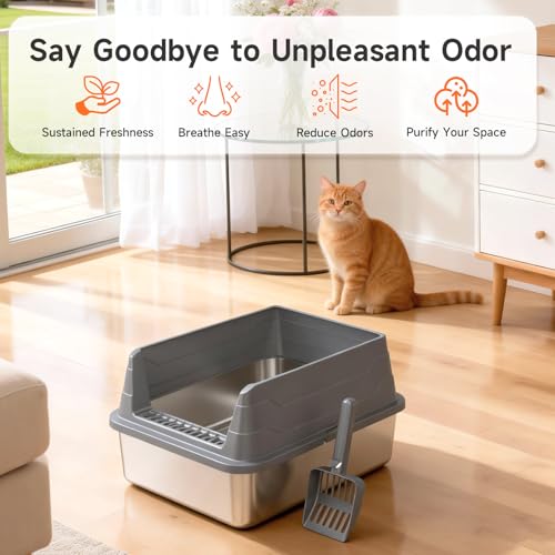 Stainless Steel Cat Litter Box Low Entry Litter Pan Include Scoop (Dark Grey M)