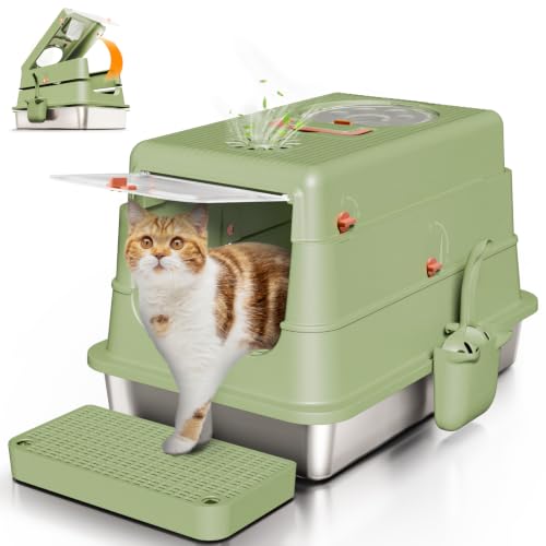 Stainless Steel Cat Litter Box with Lid (flip top-green)