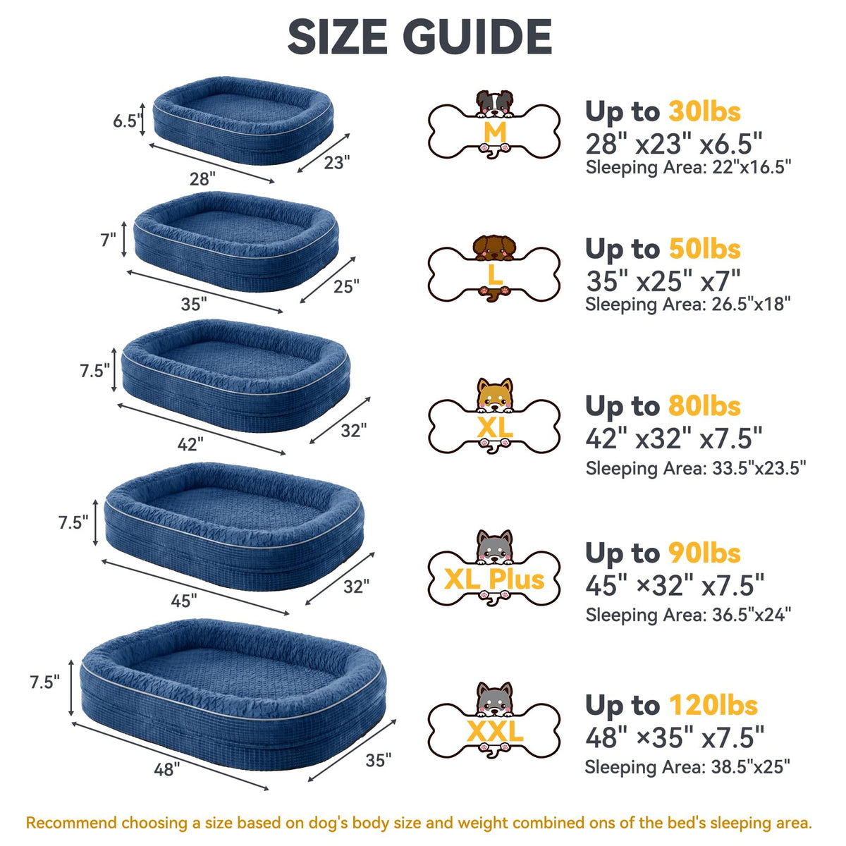 XL Orthopedic Dog Bed for Large Dogs (Navy Blue / 45"l X 32"w X 7.5"th)