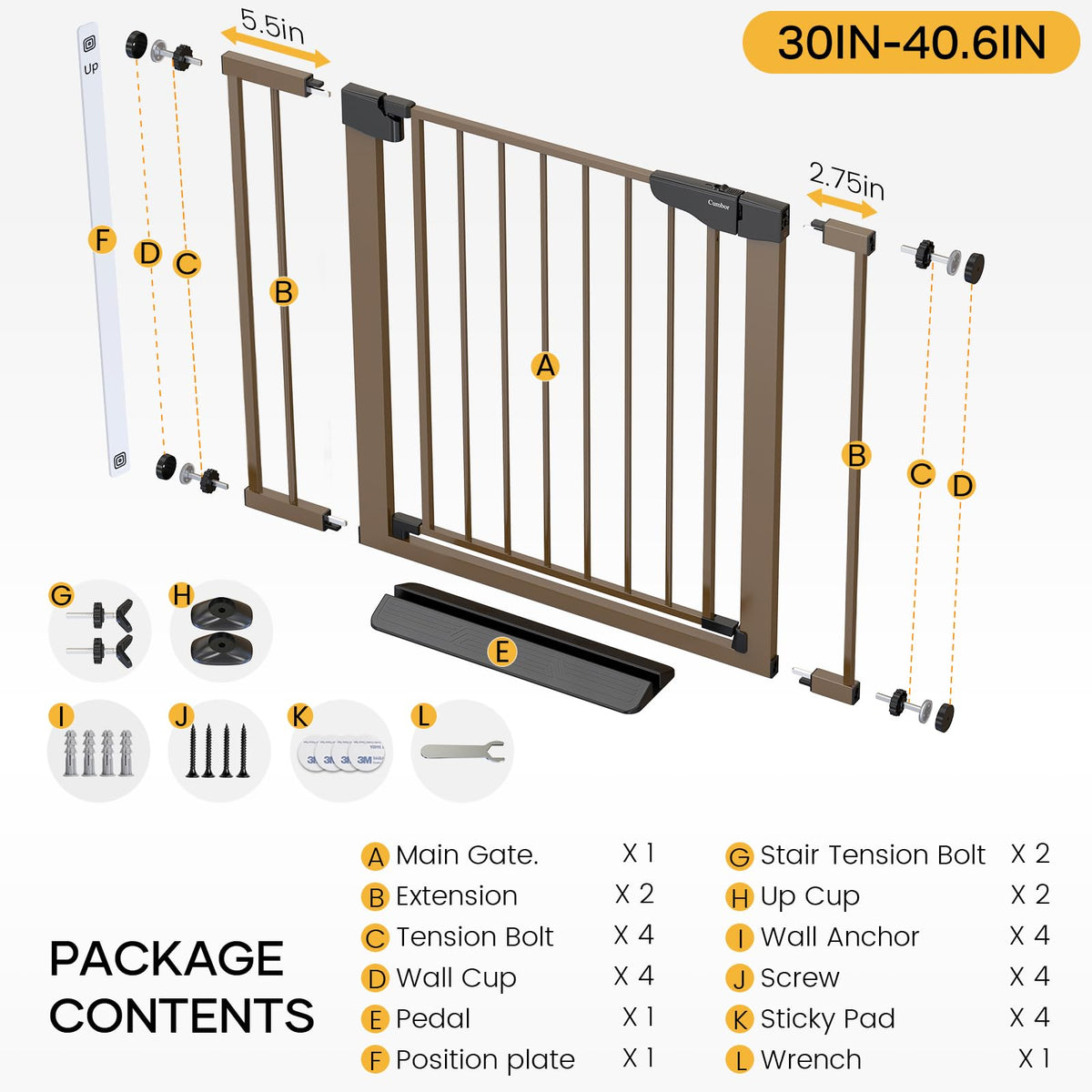 30 40.6 in Baby Gate for Stairs and Doorways (Brown / 30-40.6"W x 30.5"H)